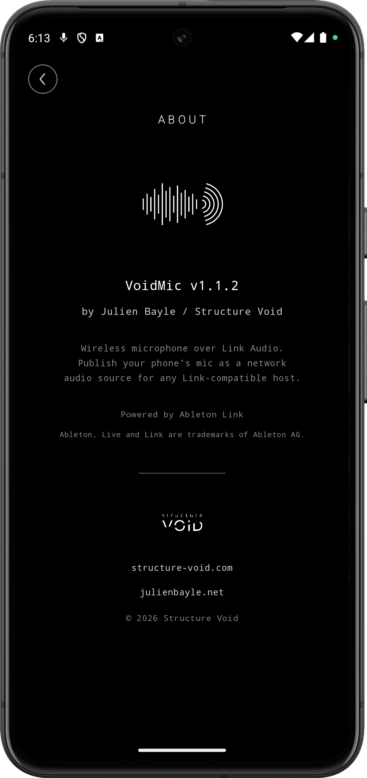 VoidMic About screen