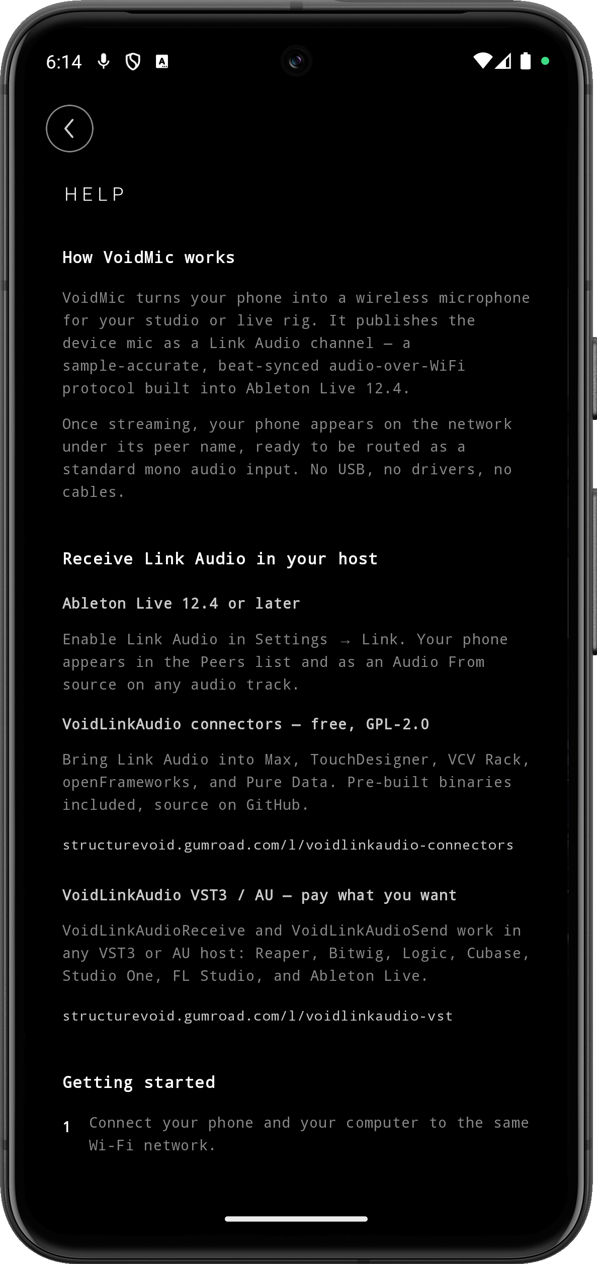 VoidMic Help screen, part 1